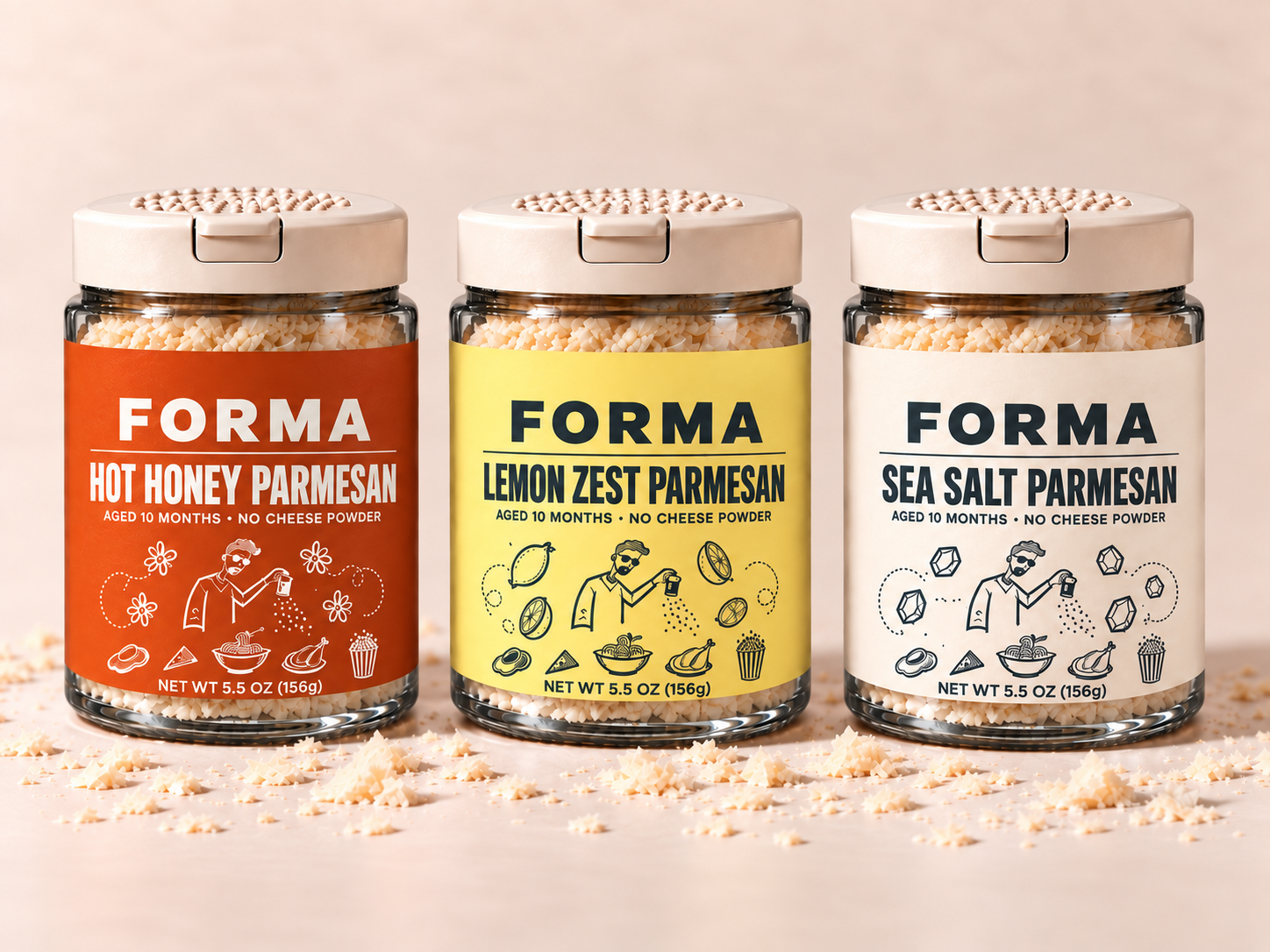 The FORMA flavours side by side: hot honey, lemon zest and sea salt